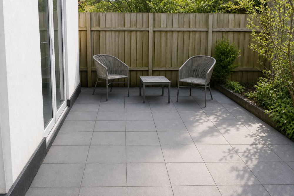 Saubere, einladende Terrasse nach Reinigung und Pflege