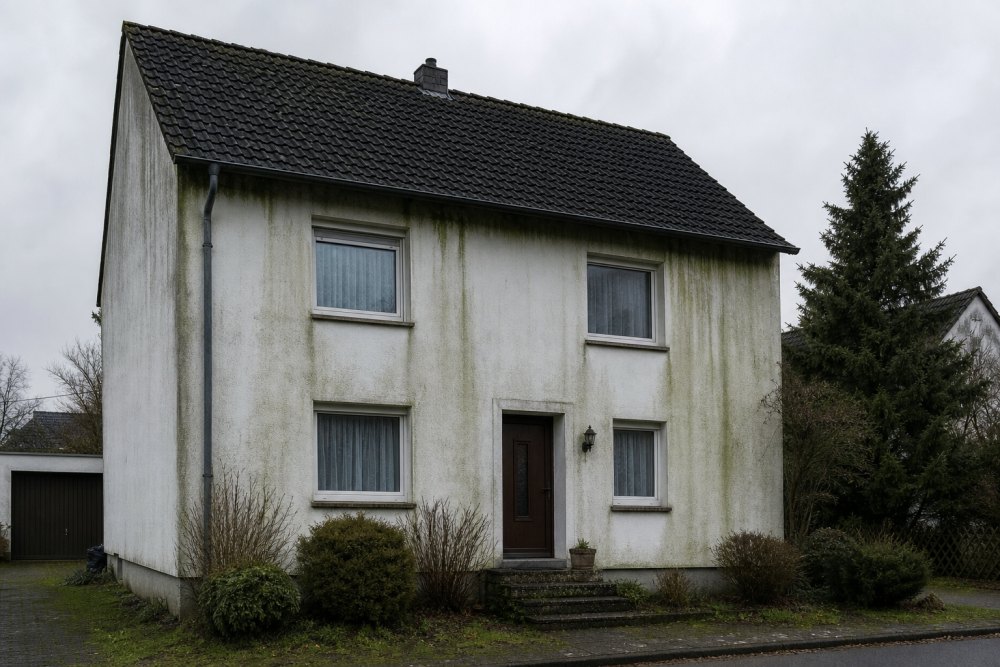 Fassade vor der Aufbereitung – verwitterter Anstrich und Flecken
