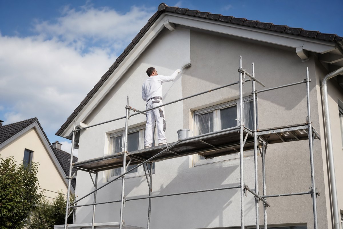 Außenanstriche – Handwerker beim Fassadenanstrich an Einfamilienhaus
