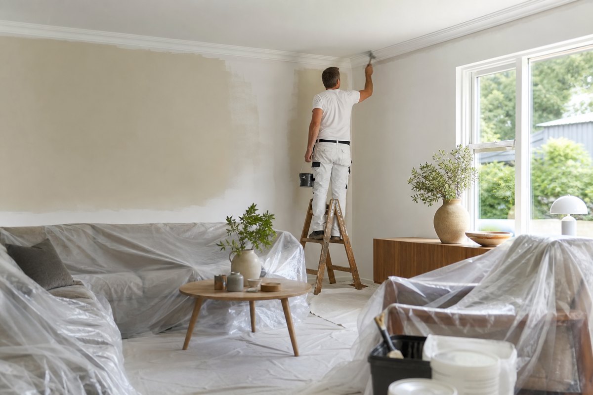 Innenräume streichen – modernes Wohnzimmer während professioneller Malerarbeiten