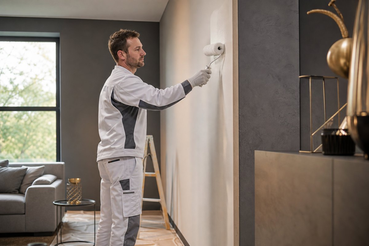 Malerarbeiten – professioneller Maler streicht moderne Innenwand mit hochwertiger Farbe